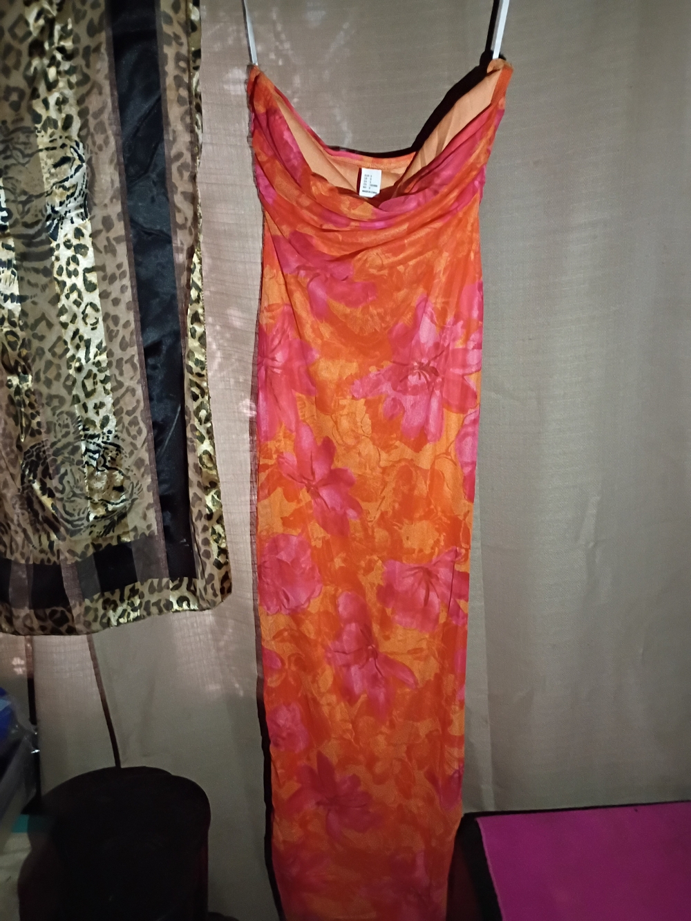 Strapless Floral Maxi Dress in Orange and Pink